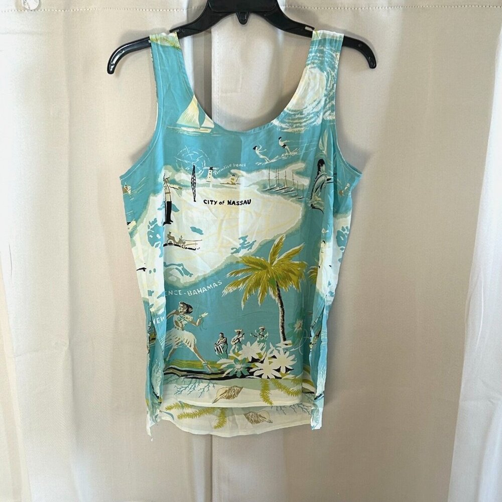 Vtg Finity Women Top Size 4 Blue Nassau Bahamas 100% Silk Tropical Beachy 16958x